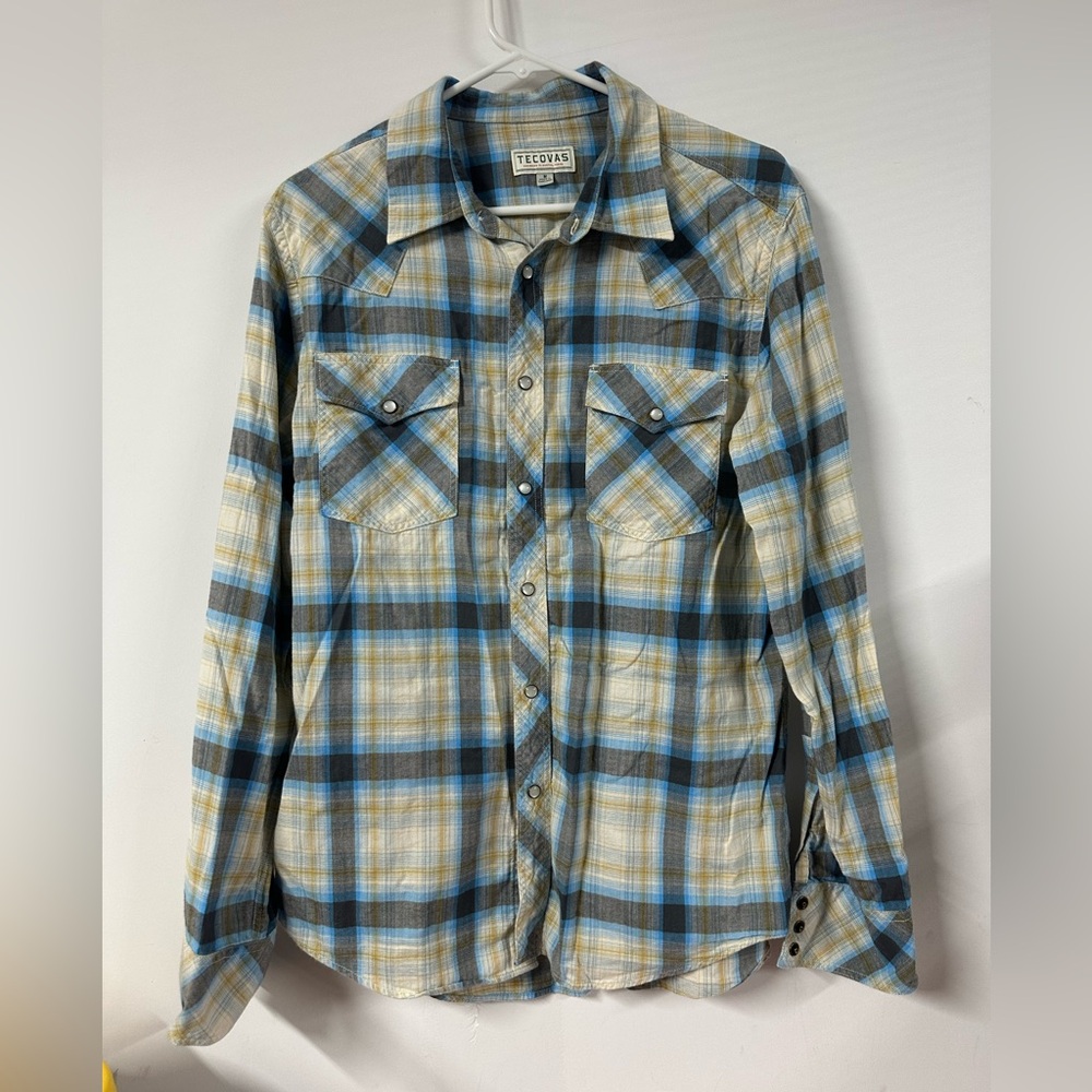 Tecovas Pearl Snap Shirt Mens M Blue Grey Plaid Western Texas Cowboy Cotton